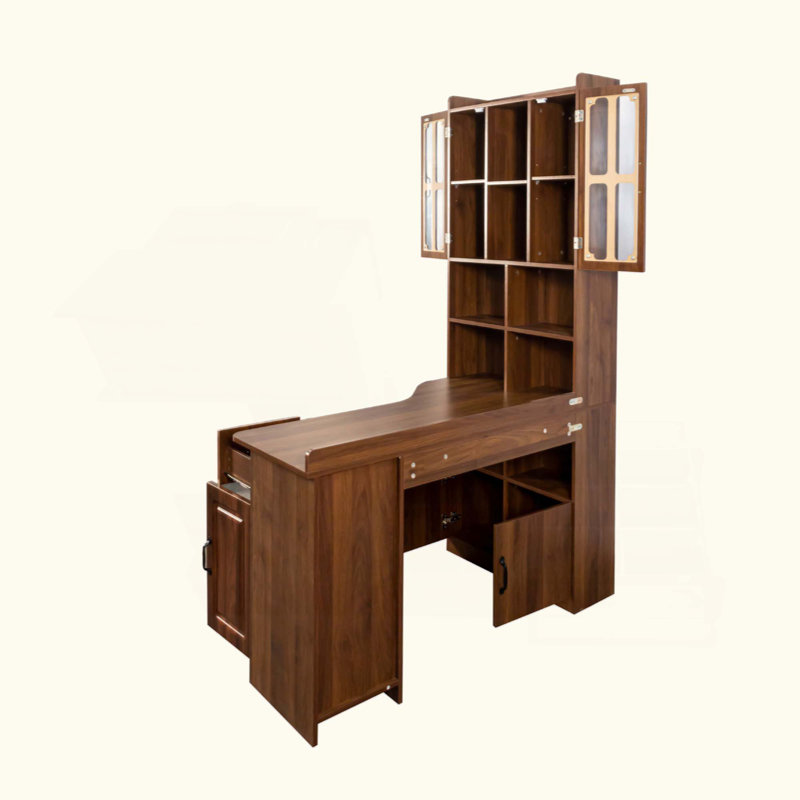 Bureau d'ordinateur d'angle en L pour bureau à domicile ou bureau d'étude, table d'étude de style moderne avec tiroirs, bibliothèque et huche, conception en L 2 en 1, grand espace de travail