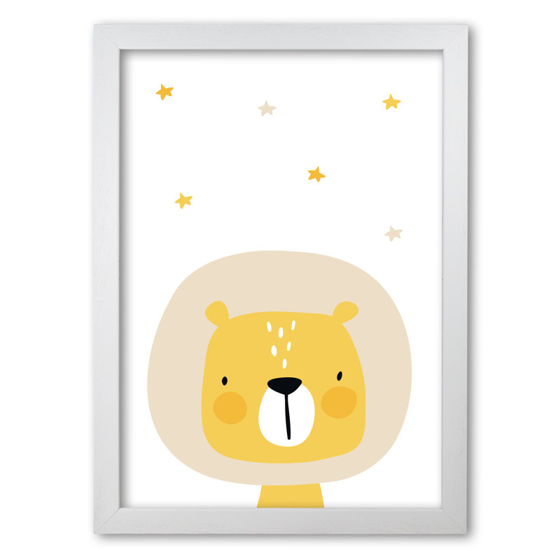 Scandi Lion And Stars - Painting, 85 cm H x 60 cm W x 5 cm D, White Grain Frame