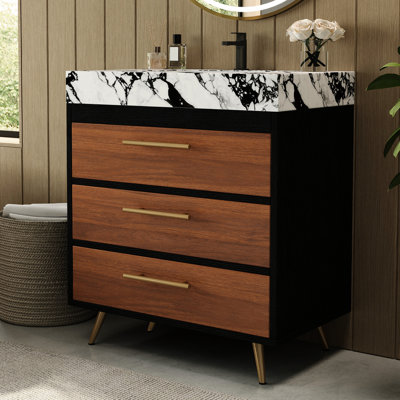 - Meuble-lavabo sur pied avec lavabo vasque en céramique, surface à gratter et compartiments à fermeture douce