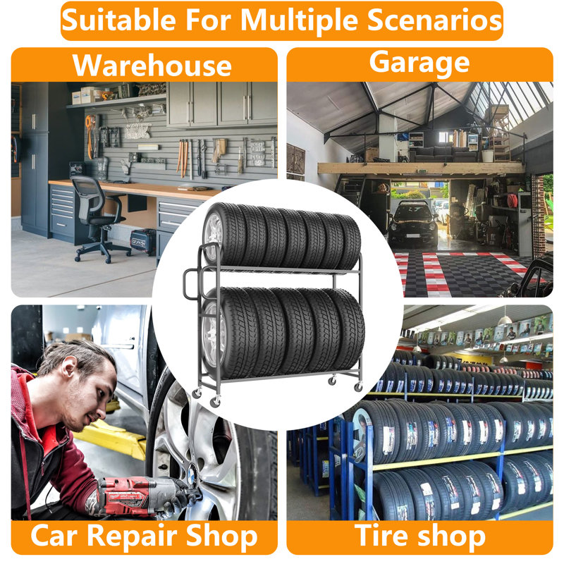 Heavy-Duty Adjustable Tire Storage Rack - 500lb Load Rating Rolling Tire Organizer Holder for 8+ Tires, Commercial Steel Construction