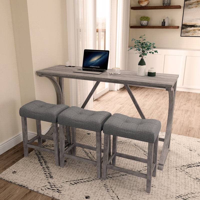 Bar Table Set with Power Outlet, Bar Table and Chairs Set, 4 Piece Dining Table Set, Industrial Breakfast Table Set
