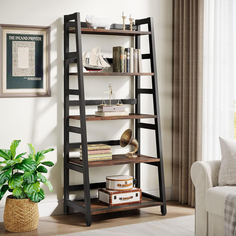 Ladder Bookcase 5-Tier Bookshelf, Black/Brown