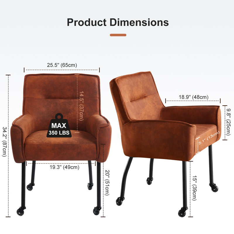 Anya 25.5" Wide Upholstered Armchair with Casters for Dining or Home Office, Brown