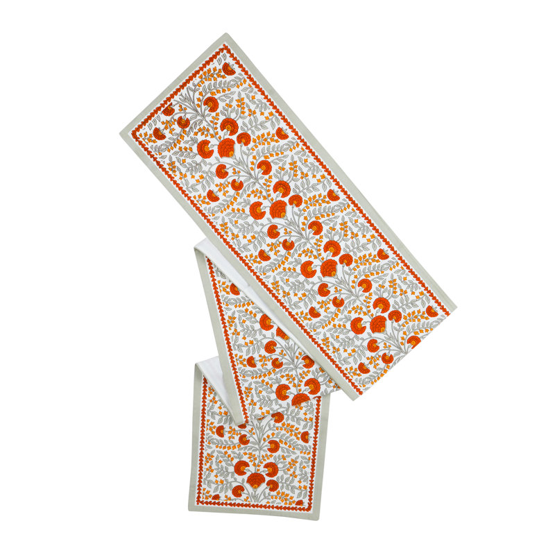 Scarlet & Slate: Floral Block Print Cotton Table Runner, Red/Grey