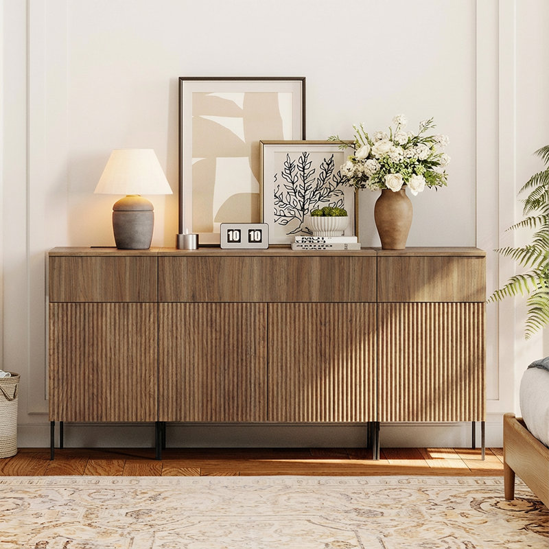 63" Modern Wood 3-Drawer Dresser With Reeded Design, Minimalist Dresser Organizer Storage With Charging Station For Bedroom,Living Room, Entryway