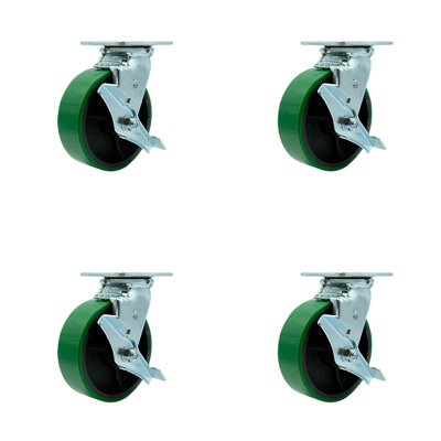 Ensemble de roulettes vert en acier sur roulement à billes avec 4 freins et 2 verrous vert
