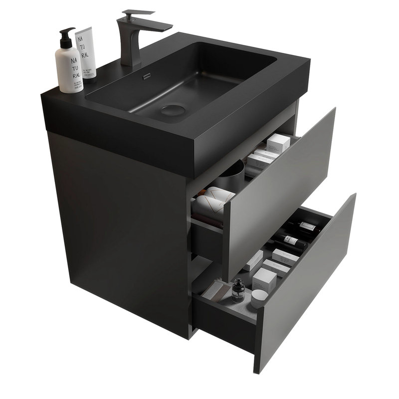 Meuble-lavabo simple 24,09 po avec comptoir en pierre et 2 tiroirs, Gris, Noir