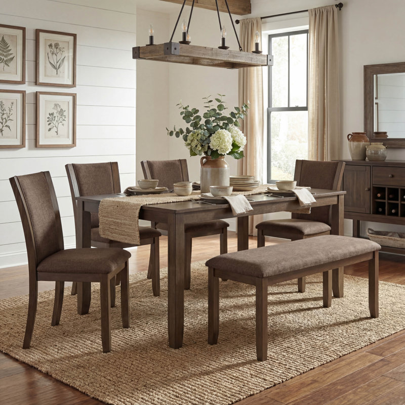 Table de salle à manger 6 pièces Farmhouse avec banc et 4 chaises, [Longueur] Table en bois rustique pour 6 personnes en noyer foncé