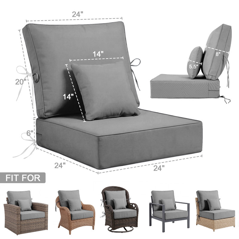 Outdoor Chair Cushions 24 x 24  x 6  Inch, Outdoor Replacement Cushion, Back & Seat Patio Cushions for Outdoor Furniture,  Weather Resistant Patio Chair Cushions with Removable Cover and Straps, Gray