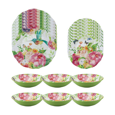 Rose Garden 18 Piece Melamine Dinnerware Set Plate and Bowl Set - Service for 6
