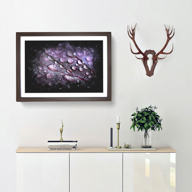 Dewdrops Upon A Lilac Leaf Paint Splash - Framed Print, 33cm H x 45cm W x 2cm D, Walnut Framed