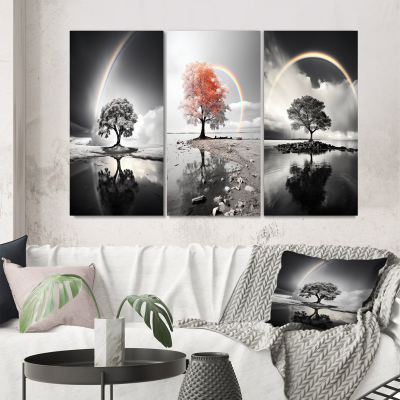 «Rainbow Grayscale Arc Over Tree», 3 pièces sur toile, H 32 po x l 48 po, Toile tendue