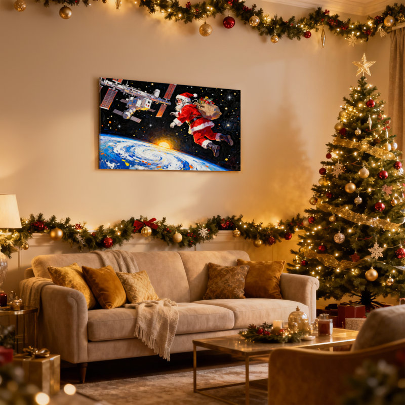 Père Noël de Noël flottant dans l'espace avec la terre et la station, ensemble de 3 impressions sur toile, H 16 po x l 24 po