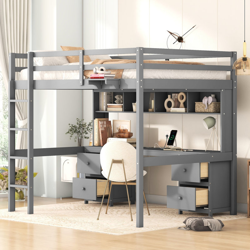 Lit mezzanine gris avec bureau, grande capacité de rangement et de chargement, armoires pleine grandeur, couleur de charge