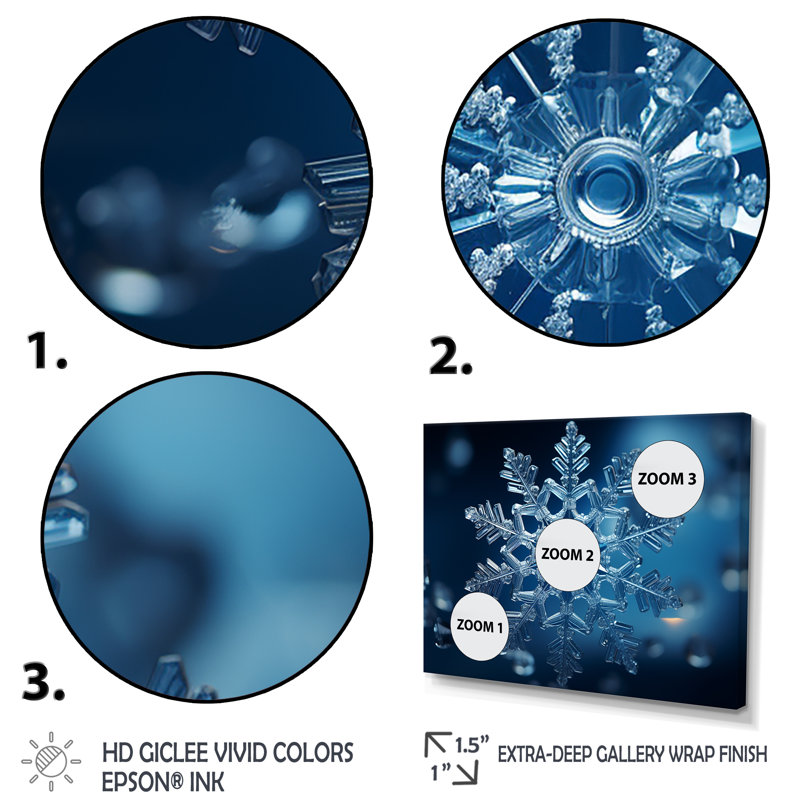 «Blue Snowflake Holiday I - Winter Landscape», art mural, Cadre de coin argenté fermé, H 30 po x l 40 po x P 1,5 po