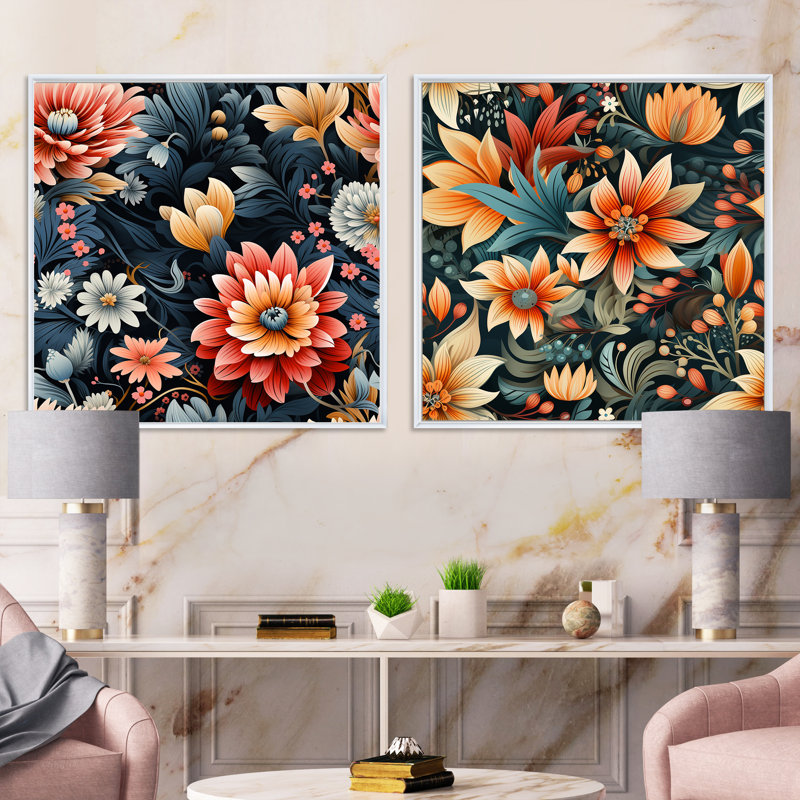 Fleuristes - Ensemble de 2 collages floraux carrés, H 16 po x l 33 po, Cadre flottant blanc