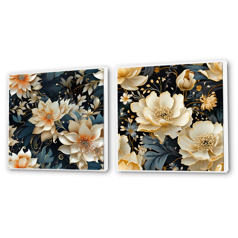 Jans - ensemble de 2 collages carrés floraux, H 16 po x l 33 po, Cadre flottant blanc