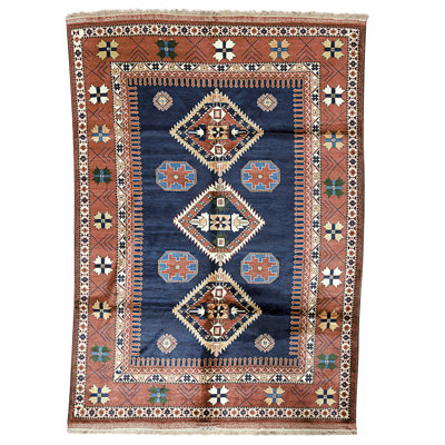 High-Quality Hand-Knotted Navy And Rust Area Rug