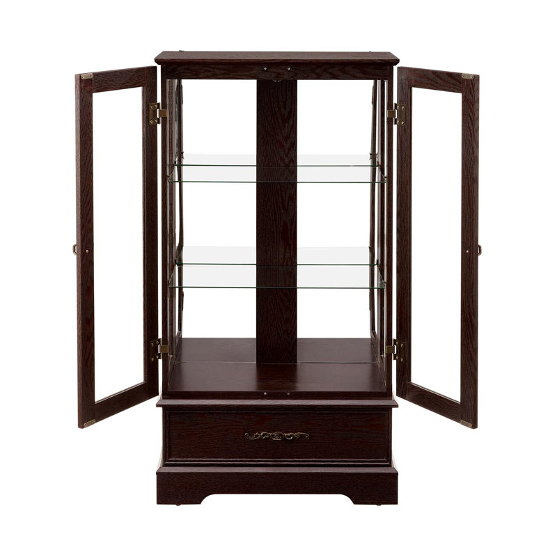 Vitrine vitrée éclairée avec tablettes réglables en verre 2 portes et 1 tiroir avec ampoule incluse, Cerisier
