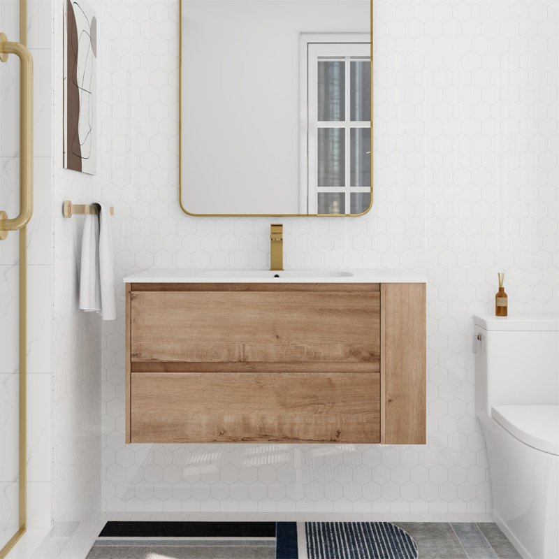Plemons 36'' Wall Mounted Single Bathroom Vanity with Resin Vanity Top, Imitative Oak