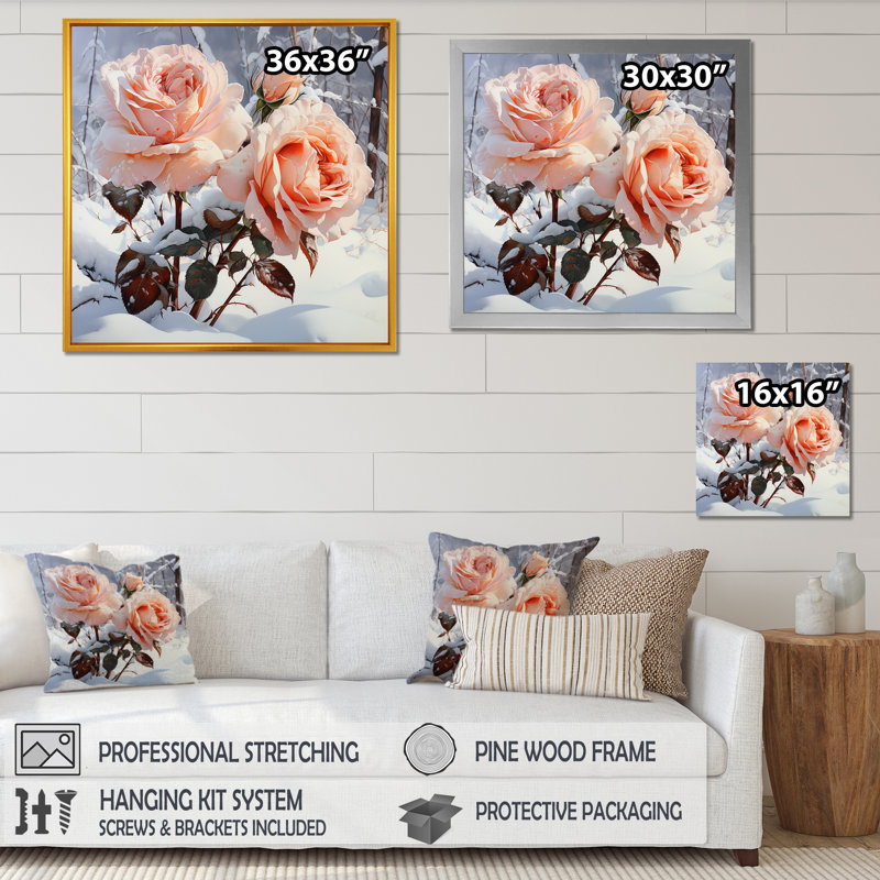 Corail roses charme en hiver, Toile tendue, H 30 po x l 30 po x P 1 po