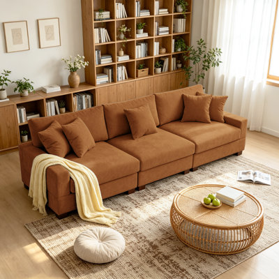 3 - Piece Upholstered Red Corduroy Modular Sectional Sofa With Pillow Back And Solid Wood Legs