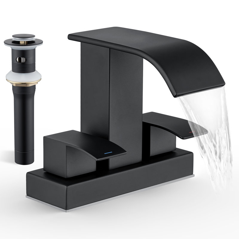 4-inch Centerset Double Handle Waterfall Bathroom Sink Faucet with Drain Kit Included, Matte Black