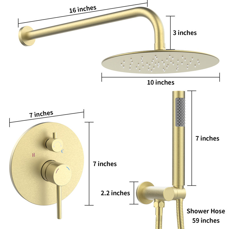 Ensemble de robinet de douche mural avec pomme de douche à effet de pluie de 10 po et robinet de douche à main, finition or brossé avec valve en laiton brute