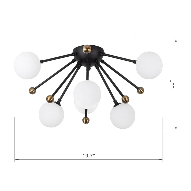 6 Lights Metal Body Semi Flush Mount With Glass Cap, Black/Antique/White