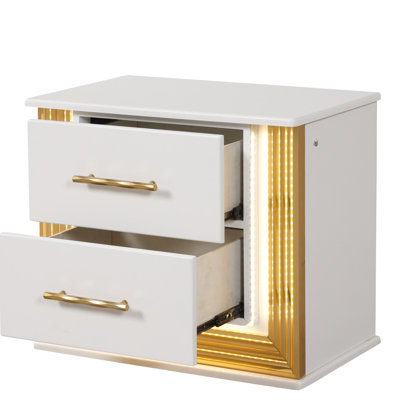 Armoire de chevet blanche moderne 2 avec finition dorée et éclairage DEL, bois massif et manufacturé, meubles de chambre à coucher, 27 po Large, large 24 po, table de chevet contemporaine de 17 po avec éclairage, idéale pour l'espace