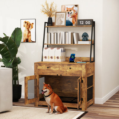 HY-GLBN002 Trapezoidal Shelf with Double Drawers, Bottom Tray, Desktop with Socket, Dog Bed, Wood Grain Brown (96.5*63.5*155.5cm)