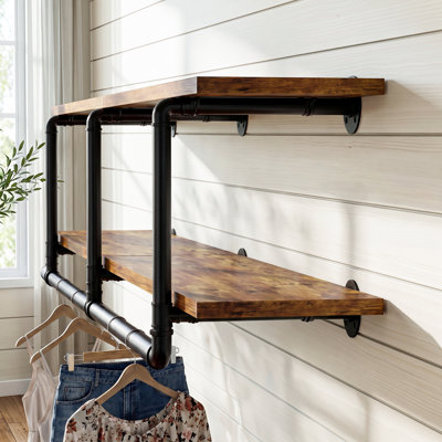 Closet Organizer with Top Shelf, 2 Tiers Wall Mounted Shelves with Hanging Rods