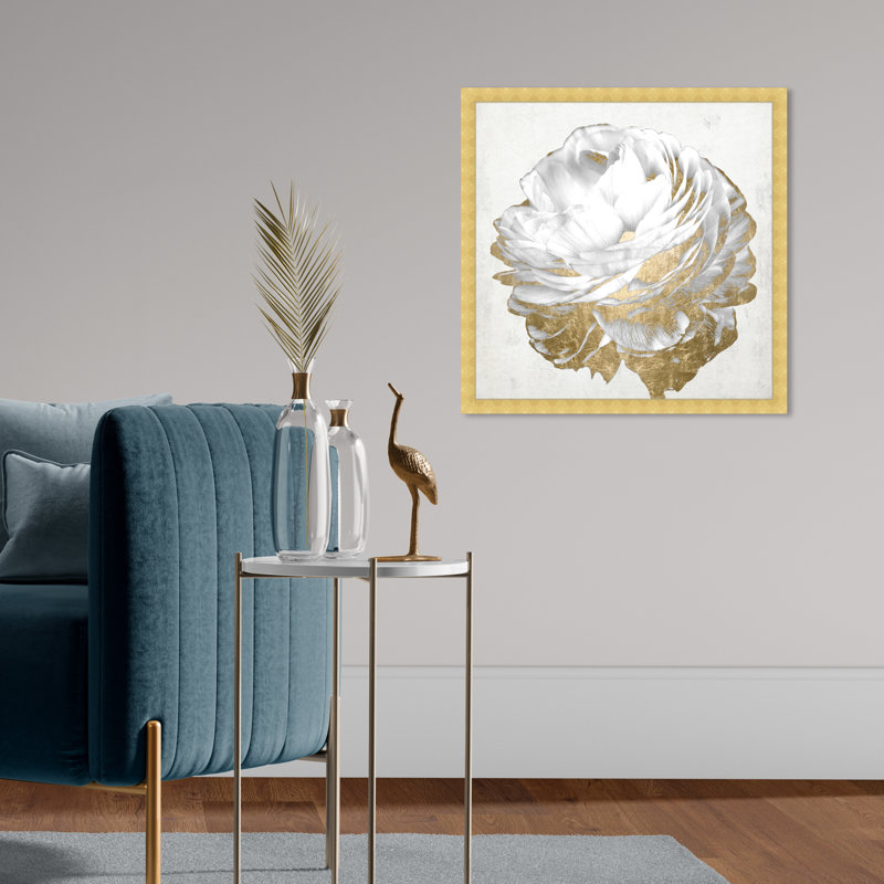 Or et lumière blanche florale - Peinture encadrée sur papier, H 22 po x l 22 po, Cadre doré