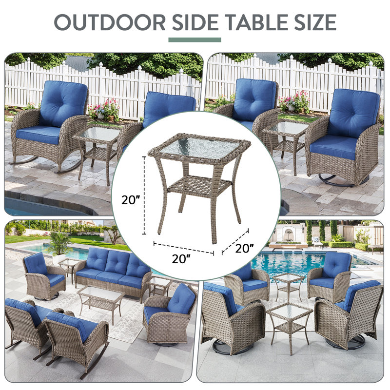 Outdoor Patio Brown PE Wicker Side Table With Glass Tabletop, Gray