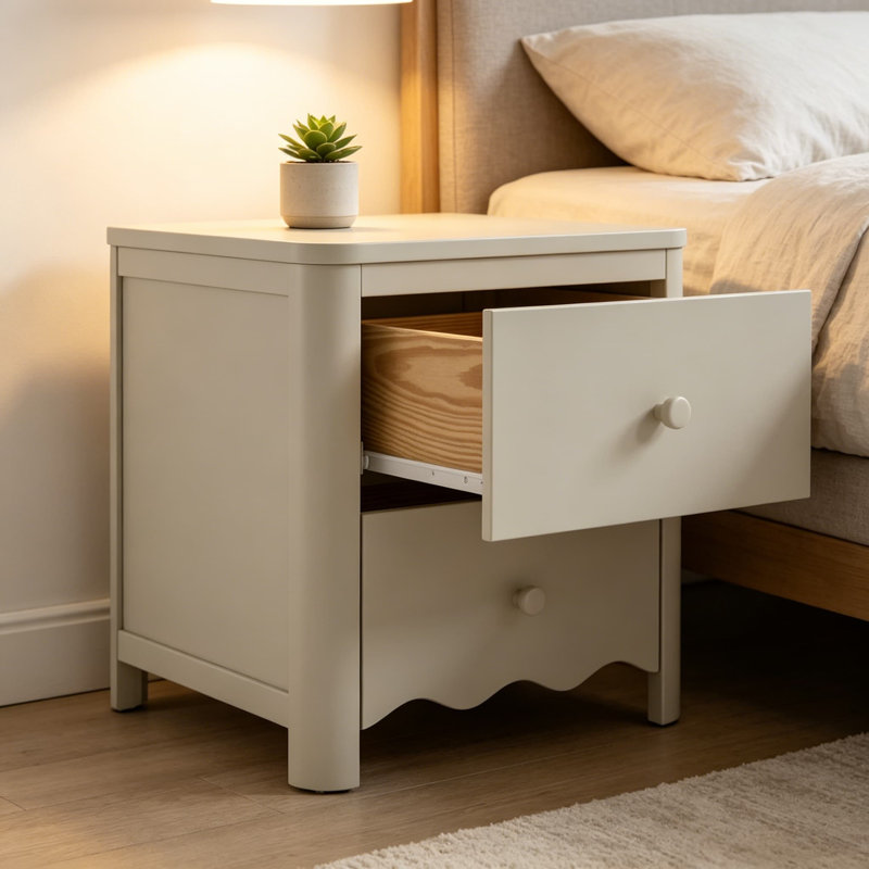 Table de chevet 2 tiroirs Casablanca, avoine givrée - Certifié GREENGUARD Gold, structure en bois massif, détails ondulés élégants avec poteaux arrondis, table de chevet de rangement pour chambre d'enfant