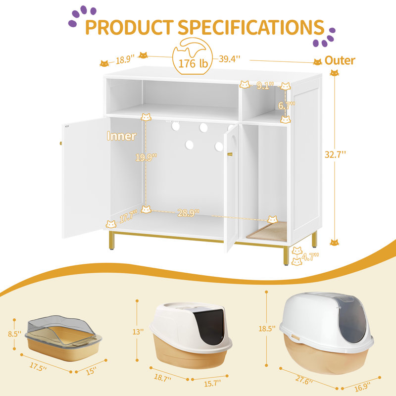 Mobilier de litière pour chat, bac à litière caché pour chat avec rangement, armoire à chat en bois avec bloc-notes, maisonnette, table de bout moderne pour l'entrée du salon, blanc et or