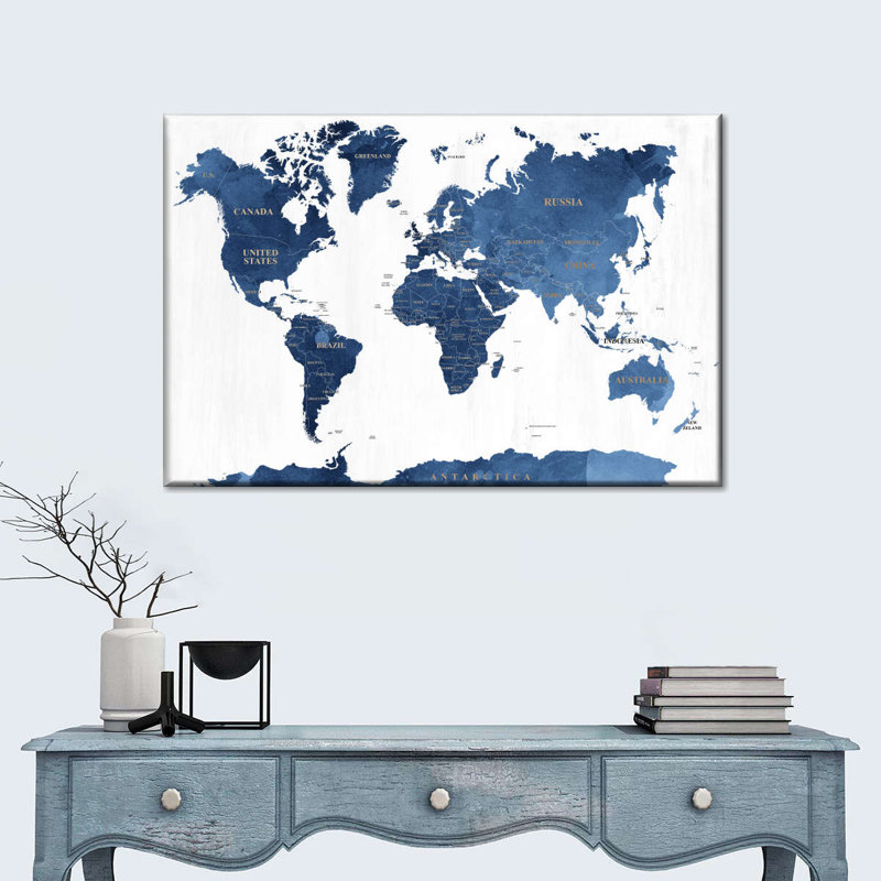 Carte du monde texturée bleue sur toile, H 34 po x l 51 po x P 1,25 po