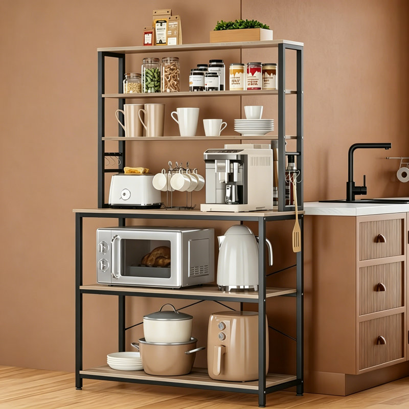 Industrial Greige & Black Baker’s Rack, 6 Tier Kitchen Storage Shelving with 6 Hooks, Multi-Purpose Coffee Bar Station