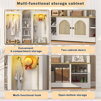 Armoire multifonctionnelle/penderie d'entrée, équipée de range-chaussures, de cintres et de crochets. Armoire fabriquée en panneaux de fibres de moyenne densité robustes, au design moderne et pratique.