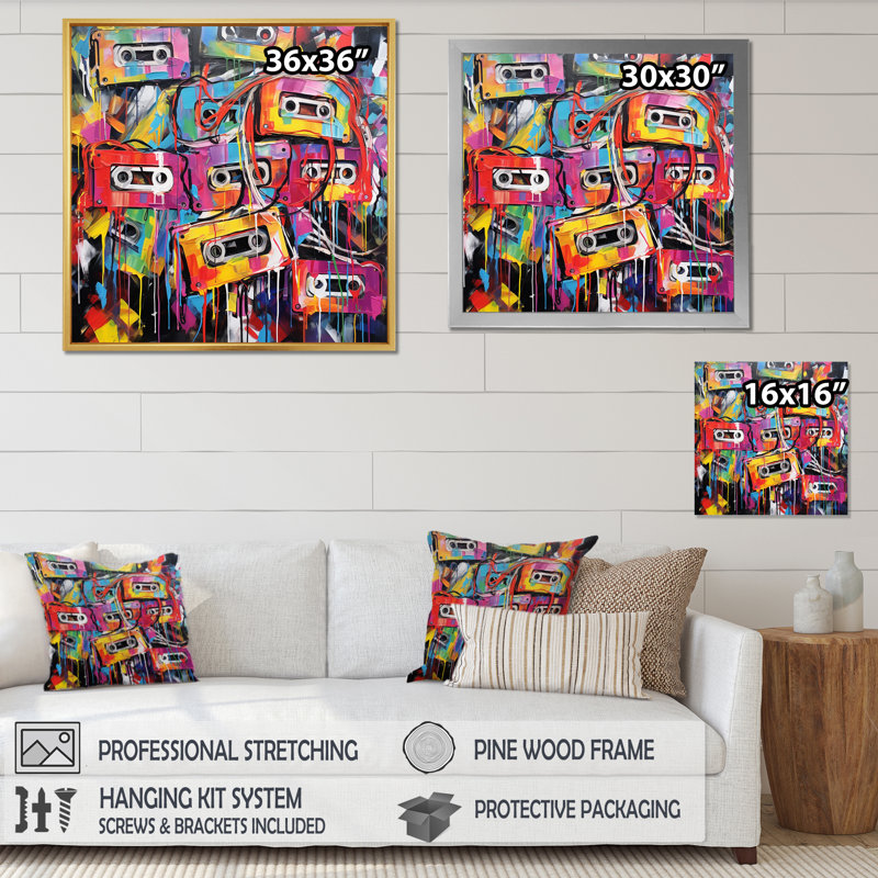 " Cassette Tapes Tangled Tunes I ", 30" H x 30" W x 1" D, Gold Floater Framed