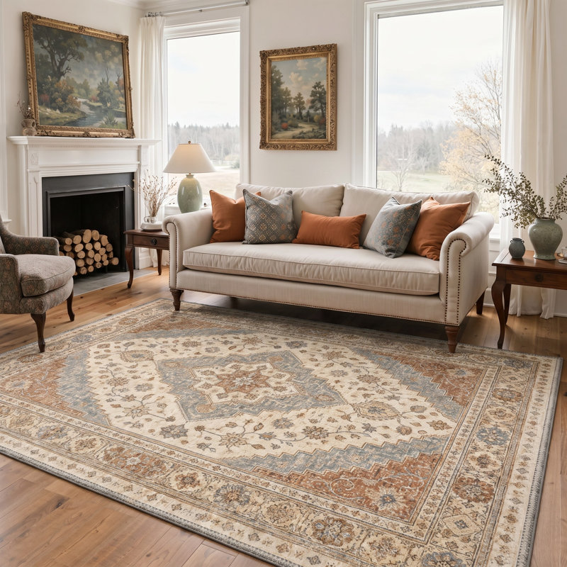 Tapis oriental ivoire / beige lavable à la machine avec envers antidérapant, Rectangulaire 8 pi x 10 pi