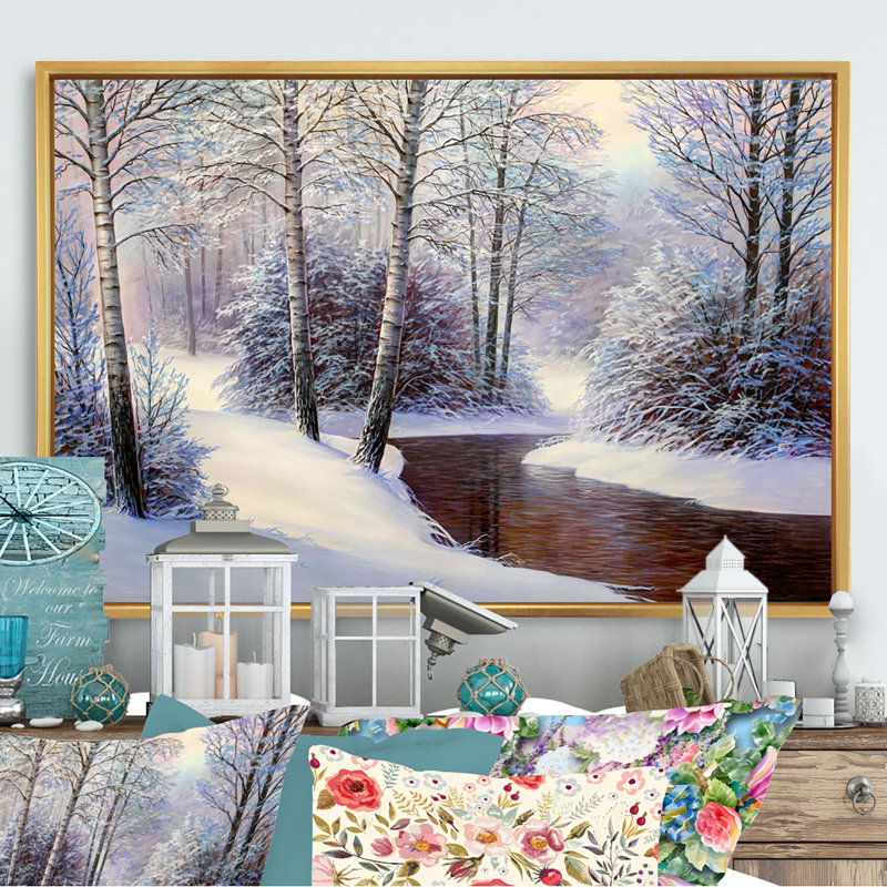 Forêt de Noël avec rivière II - art mural traditionnel sur toile, H 8 po x l 12 po x P 1 po, Toile avec cadre flottant or