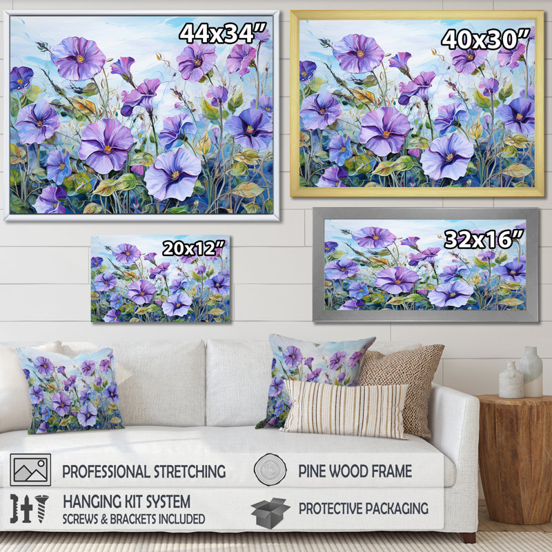 «Purple Morning Glory Flowers» sur toile, Cadre flottant blanc, H 24 po x l 32 po x P 1 po