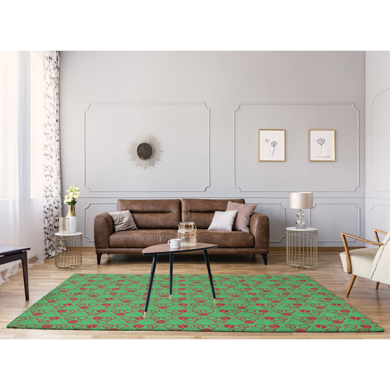 Tapis de zone rouge/vert fait main géométrique, Rectangle 4 pi x 6 pi