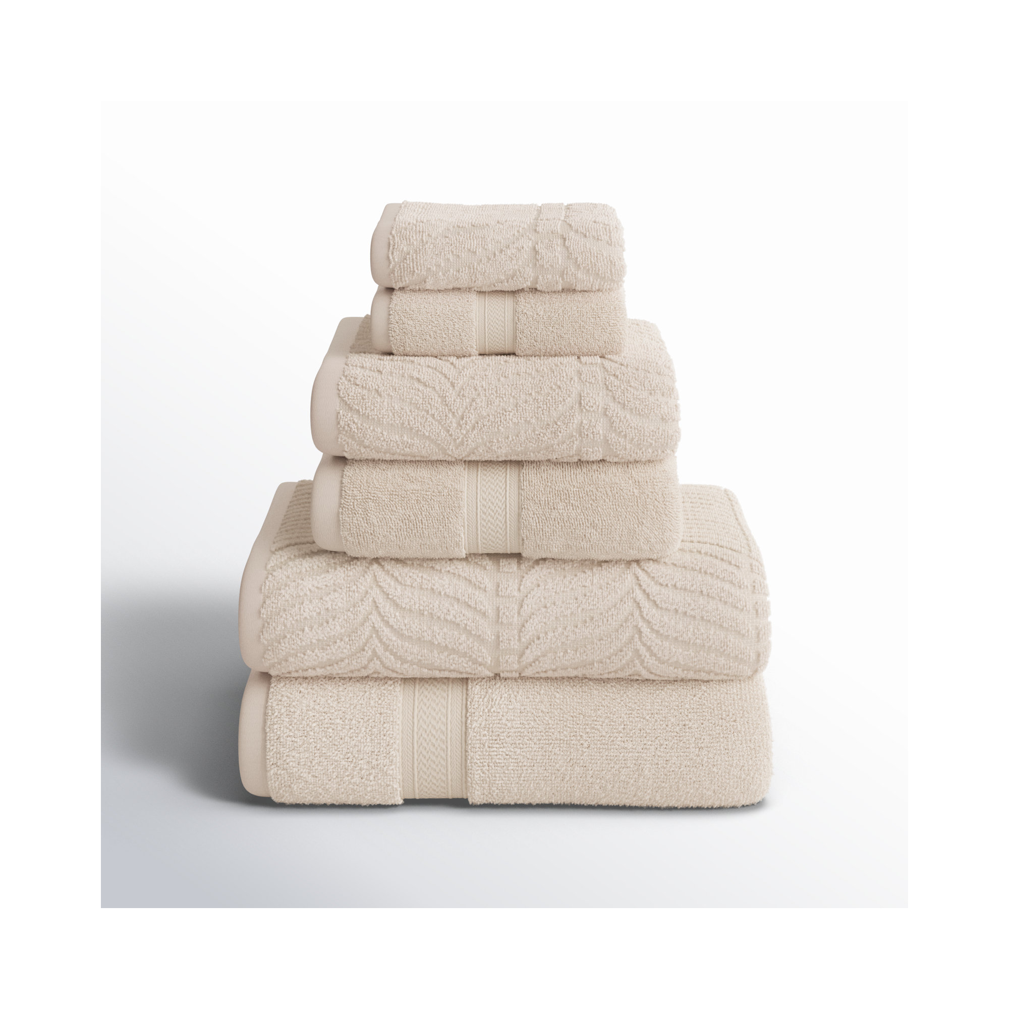 Amaretto Chevron Zero Twist Solid and Jacquard Cotton 6 Piece Bathroom Towel Set, Ivory