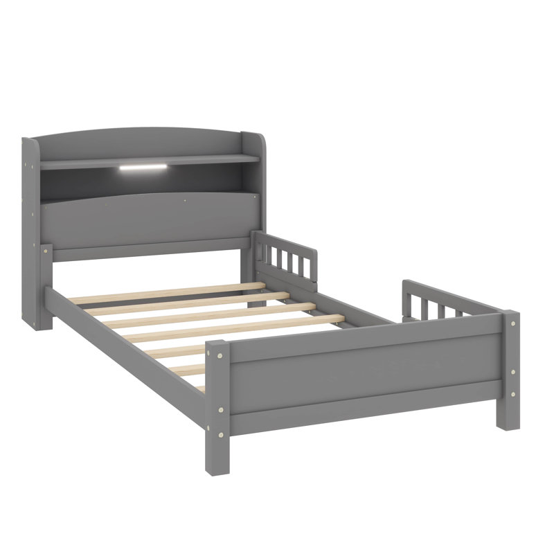 Structure de lit en bois avec bibliothèque de rangement à 2 niveaux, capteur de mouvement à DEL, Double, Gris