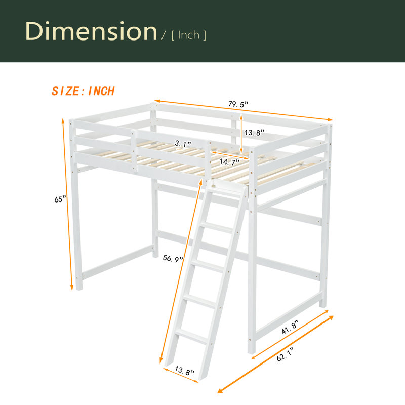Lit mezzanine simple avec échelle inclinée, garde-corps, Blanc