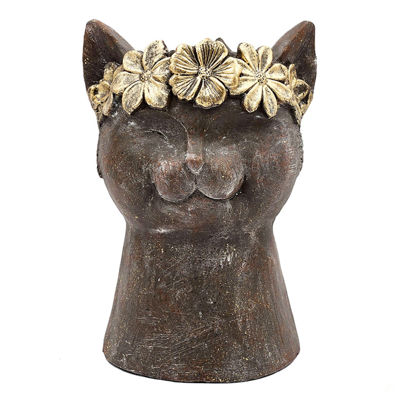 Pot à fleurs en forme de chat 8,5X7,7X12,4 "avec finition brune texturée et couronne feuille d'or