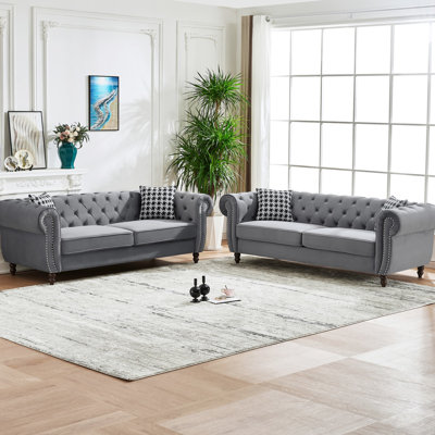3+3 Seater Chesterfield ‌Velvet Upholstery Fabric Sofa With Roll Armrest & Nailhead,Upholstered Modern Couch,3 Seater & 3 Seater Couch