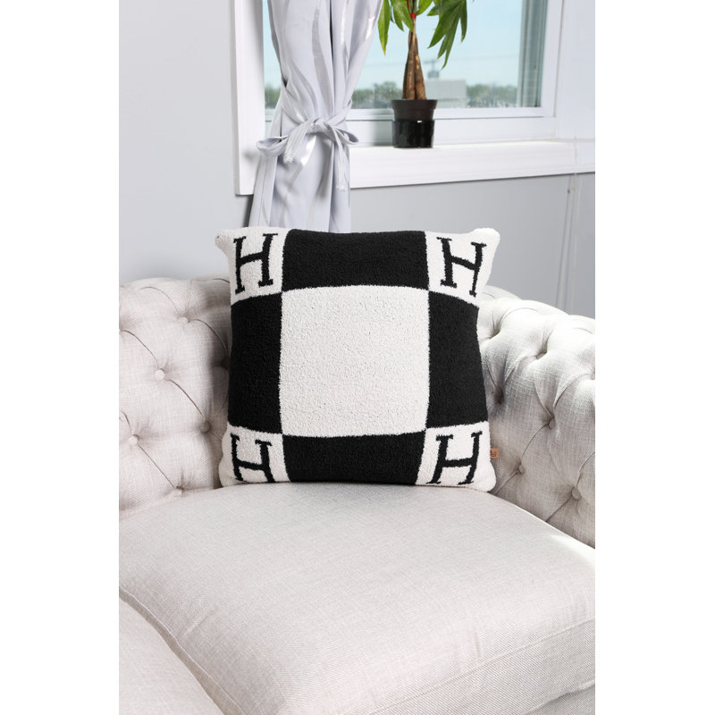 Housse de coussin moelleuse de luxe Initiale «H» - Beige, Beige / Blanc